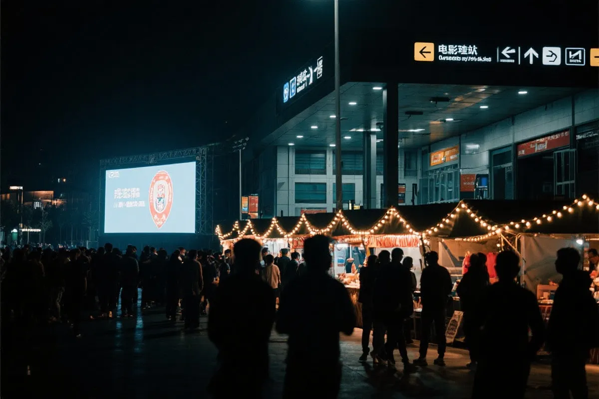 费城球迷广场夜景：大屏观赛人群、步行指示牌与公共交通入口